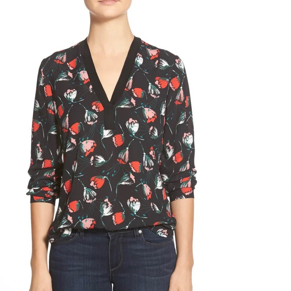 Halogen Knit Trim V-Neck Blouse Mixed-Media Design